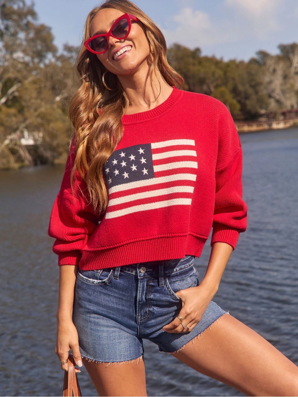 VICI Cropped Red Crewneck Sweater with USA Flag Graphic New